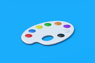 Mavi arka planda renkli boyalar olan bir boya paleti. Sanatçının aleti. Sanat aksesuarları. Çizim malzemeleri. 3d hazırlayıcı