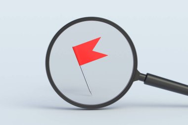 Büyüteçin arkasındaki bayrak iğnesi. 3d hazırlayıcı