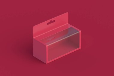 Kırmızı arka planda şeffaf bir morumsu pencere olan kutu. 3d hazırlayıcı