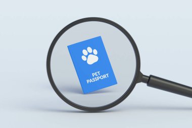Büyüteç arkasında evcil hayvan pasaportu. 3d hazırlayıcı