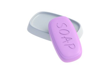 Kutunun yanındaki sabun çubuğu beyaz arkaplanda izole edilmiş. 3d hazırlayıcı