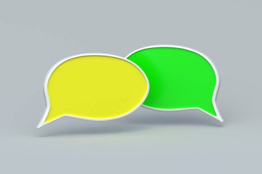 Gri arka planda iki konuşma balonu. Boş sohbet simgesi. Sohbet ve tartışma. Sosyal ağlarda duyuru ve diyalog. 3d hazırlayıcı