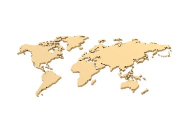 Altın dünya haritası beyaz arka planda izole edilmiş. 3d hazırlayıcı