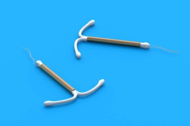 Two birth control devices on blue background. T-shape female contraceptive. Intrauterine device with coil. Sex education. Prevention method and contraception. Unwanted pregnancy. 3d render clipart