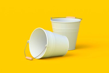Turuncu arka planda su için iki metal kova. Retro tarım kovası. Bahçıvanlık ve tarım aletleri. 3d hazırlayıcı