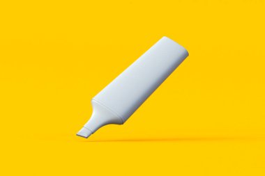 Turuncu arka planda düşen fosforlu kalem. Vurgulanmak ve metni vurgulamak için işaretleyici. Okul ve ofis için kırtasiye malzemeleri. 3d hazırlayıcı