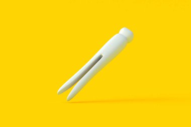 Turuncu arka planda düşen klasik ahşap mandal. Kumaş asma için retro mandal. Çamaşır için eski broş. 3d hazırlayıcı