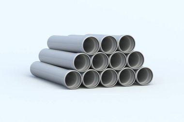 Gri arka planda bir yığın su borusu. Drenaj tüpü. PVC tesisat aksesuarı. Polipropilen uyumu. Kanalizasyon sistemi. 3d hazırlayıcı