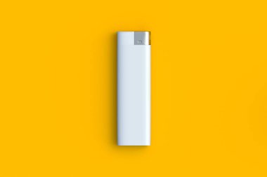 Turuncu arka planda sigara için daha hafif. Sigara aksesuarları. Tek kullanımlık yanıcı ekipmanlar. Üst Manzara. 3d hazırlayıcı