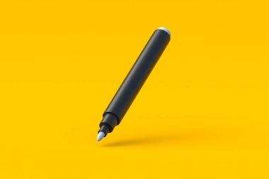 Turuncu arka planda düşen keçeli kalem. Okul ve ofis malzemeleri. 3d hazırlayıcı