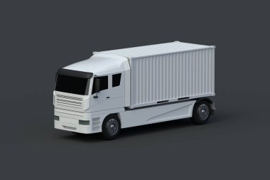 Siyah arka planda konteynır taşıyan beyaz kamyon. Uluslararası kargo taşımacılığı. Arabaya karşılık araba. Aracı teslim ediyorum. 3d hazırlayıcı