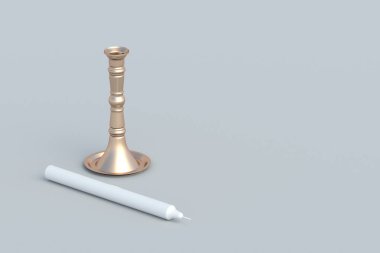 Gri arka planda altın şamdan. Klasik mum tutacağı. 3d hazırlayıcı