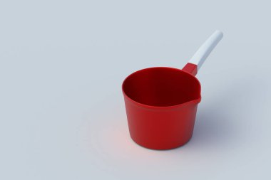 Gri arka planda plastik saplı kırmızı tencere. Boş güveç. Ot pişiriyorum. Modern mutfak gereçleri ve mutfak malzemeleri. Uzayı kopyala 3d hazırlayıcı