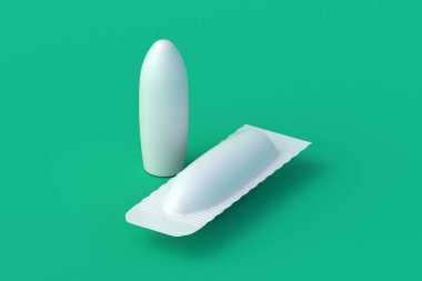 Yeşil arka planda vajinal ya da anal kullanım için fitiller. Hemoroit ya da iltihap tedavisi için mumlar. Tıbbi fitiller. Eczacılık ürünleri. 3d hazırlayıcı