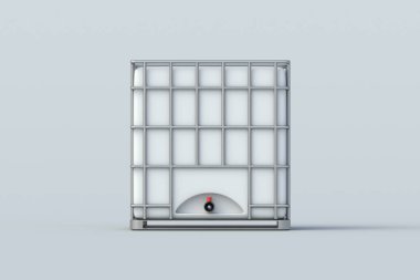 Gri arka planda bir su tankı. İbc konteynırı. Metal ızgarada büyük plastik rezervuar. Bahçe ya da çiftlik malzemeleri. 3d hazırlayıcı