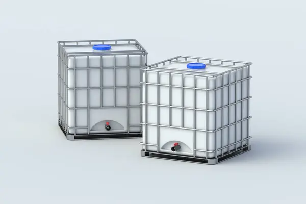 stock image Two water tanks on gray background. Ibc container. Big plastic reservoir in metal grate. Equipment for garden or farm. 3d render