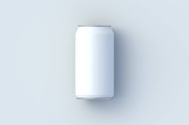 Gri arka planda beyaz soda kutusu. Bira için metal teneke. Meyve suyu için boş kavanoz ve diğer içecek içecekleri. Sıvı ürünler için ambalaj. Üst Manzara. 3d hazırlayıcı
