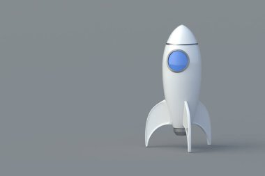 Yeni bir işe başla. Başlangıç konsepti. Çocuk oyunları. Galaksi keşfi. Turistler uzaya seyahat eder. Modern teknolojiler. Çalışma hızı. Gri arka planda bir oyuncak roket. Uzayı kopyala 3d hazırlayıcı