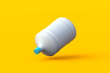 Turuncu arka planda soğutucu için içilebilir suyla birlikte büyük bir opak şişe düşüyor. 3d hazırlayıcı