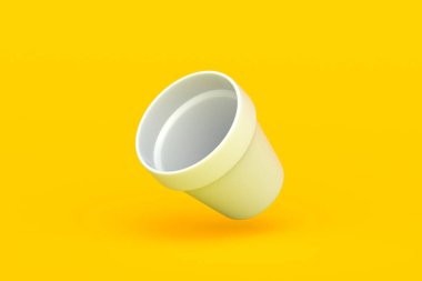 Turuncu arka planda düşen saksı. Bahçe malzemeleri. Bitkiler için seramik konteynır. 3d hazırlayıcı