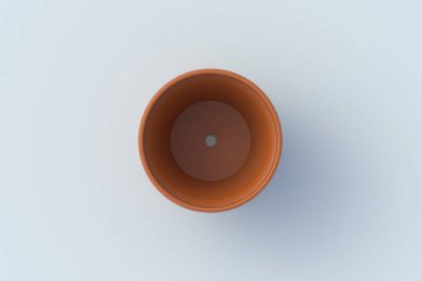 Gri arkaplanda boş bir saksı. Bahçe malzemeleri. Bitkiler için seramik konteynır. Üst Manzara. 3d hazırlayıcı