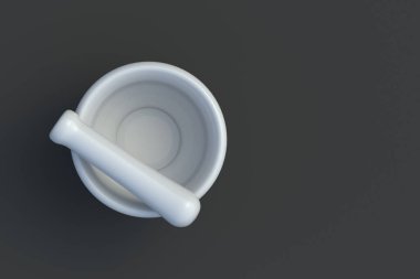 Siyah arka planda bir havan topu ve tokmak. Mutfak aletleri. Eczane malzemeleri. Malzemeleri öğütmek için bir araç. Üst Manzara. Uzayı kopyala 3d hazırlayıcı