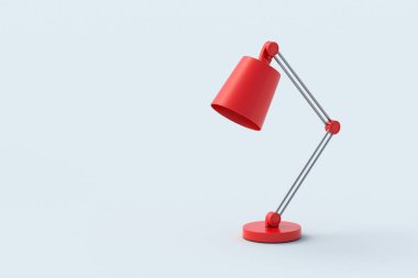 Gri arka planda modern kırmızı masa lambası. Ofis aksesuarları. Masa üstü aydınlatma ekipmanları. Uzayı kopyala 3d oluşturma