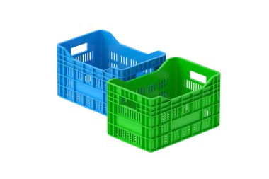 Beyaz arka planda iki sandık meyve ve sebze var. 3d hazırlayıcı