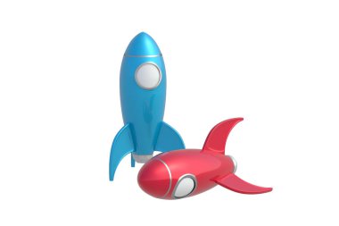 Beyaz arka planda izole edilmiş iki oyuncak roket. 3d hazırlayıcı