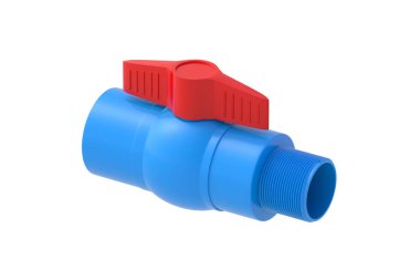 Mavi PVC top vanası beyaz arkaplanda izole edilmiş. Tesisat aksesuarları. 3d hazırlayıcı