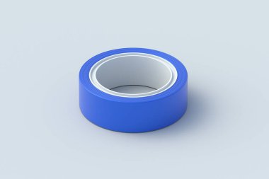 Gri arka planda yapışkan yalıtım bandı rulosu. Tamir ekipmanları. 3d hazırlayıcı