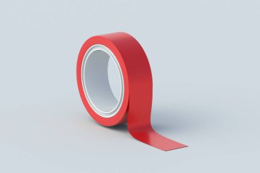 Gri arka planda kırmızı yapışkan yalıtım bandı. Tamir ekipmanları. 3d hazırlayıcı