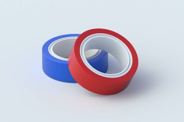 Gri arka planda iki rulo yalıtım bandı. Tamir ekipmanları. 3d hazırlayıcı