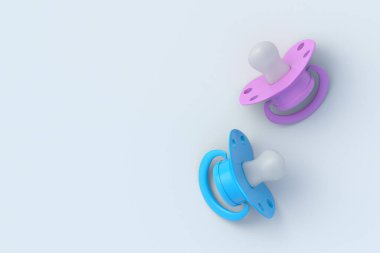 Gri arka planda iki bebek emziği. Yeni doğmuş bir aksesuar. Annelik ekipmanları. Üst Manzara. Uzayı kopyala 3d hazırlayıcı