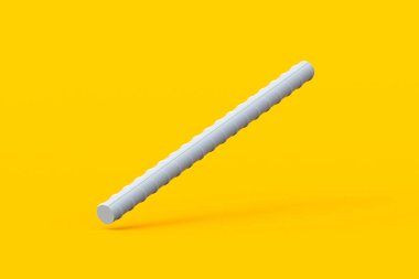 Turuncu arka planda destek çubuğu düşüyor. Tırtıklı metal çubuklar. Çelik armatür. İnşaat malzemeleri. 3d hazırlayıcı