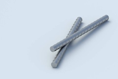 Gri arka planda iki destek çubuğu. Tırtıklı metal çubuklar. Çelik armatür. İnşaat malzemeleri. 3d hazırlayıcı