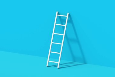 Mavi duvarın yanında sert gölgeli merdiven. İnşaat malzemeleri. Tamir için bir araç. 3d hazırlayıcı