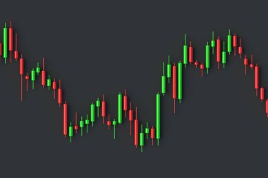 Borsa grafiği. Mumlu çizelge. Çevrimiçi ticaret. Japon sopaları. Finansal analiz. Fiyat düşüyor. Eğilim yönü. Yatırım konsepti. Üst Manzara. 3d hazırlayıcı