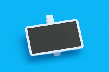 Mavi arka planda klipsli bir kimlik kartı. Boş etiket. Mesaj için yer var. 3d hazırlayıcı