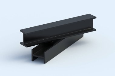 Gri arka planda iki siyah çelik kiriş. Metal kiriş. İnşaat malzemeleri yapıyorum. Metalürji endüstrisi. 3d hazırlayıcı