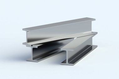 Gri arka planda çelik kiriş yığını. Metal kiriş. İnşaat malzemeleri yapıyorum. Metalürji endüstrisi. 3d hazırlayıcı