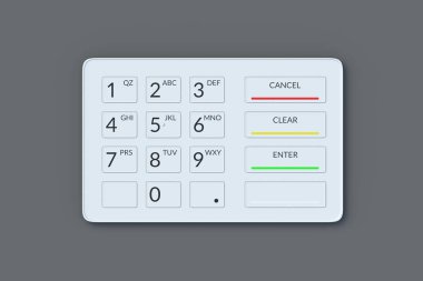 Siyah arka planda bir ATM tuş takımı. Para dağıtıcı klavye. Otomatik veznedar makine paneli. Finansal konsept. Para çekilmesi. Üst Manzara. 3d hazırlayıcı