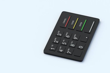 Gri arka planda siyah ATM tuş takımı. Para dağıtıcı klavye. Otomatik veznedar makine paneli. Finansal konsept. Para çekilmesi. Uzayı kopyala 3d hazırlayıcı