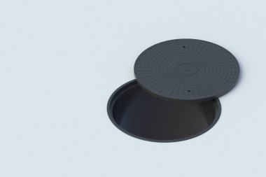 Gri arka planda kapağı olan rögar kapağını açın. Kanalizasyon kapağı. Kanalizasyon kapağı. 3d hazırlayıcı