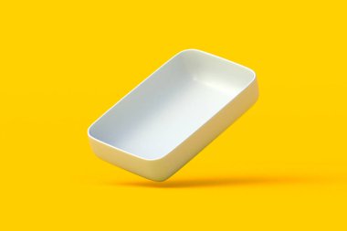 Turuncu arka planda düşen fırın tabağı. Seramik tepsi. Boş güveç. Yemek aksesuarları. 3d hazırlayıcı