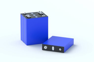 Gri arkaplandaki LiFePo4 hücreleri. Lityum demir fosfat pili için prizmatik modüller. Kesintisiz güç kaynağı. 3d hazırlayıcı