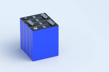 Gri arkaplandaki LiFePo4 hücreleri. Lityum demir fosfat pili için prizmatik modüller. Kesintisiz güç kaynağı. Uzayı kopyala 3d hazırlayıcı
