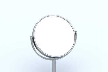 Gri arka planı beyaz izole edilmiş yuvarlak makyaj aynası. Kozmetik aksesuarlar. 3d hazırlayıcı