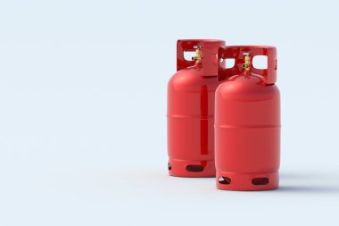 Gri arka planda iki gaz tüpü. Lpg tankı. Sıvılaştırılmış metan, propan veya bütan. Yemek pişirmek için mutfak malzemeleri. Yanıcı madde. Uzayı kopyala 3d hazırlayıcı
