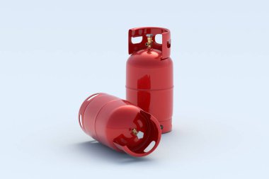 Gri arka planda kırmızı gaz silindirleri. Lpg tankı. Sıvılaştırılmış metan, propan veya bütan. Yemek pişirmek için mutfak malzemeleri. Yanıcı madde. 3d hazırlayıcı